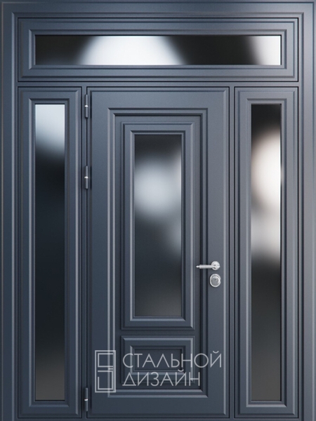 Входная группа с металлобагетом, порошковым напылением, фрамугой и стеклопакетами «Классика» №18 темно-синего цвета