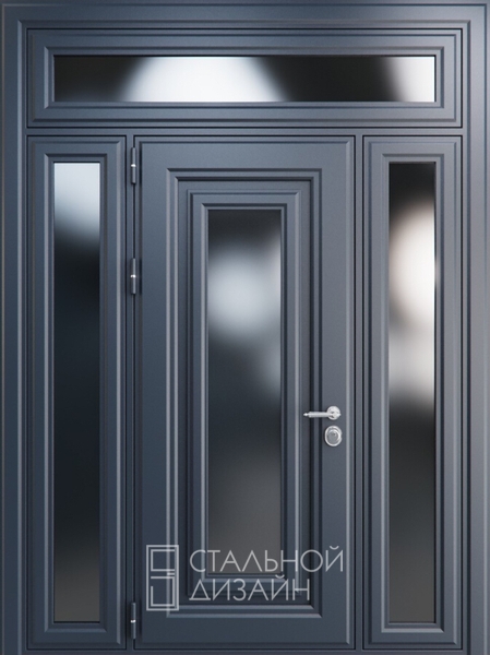 Входная группа с металлобагетом, порошковым напылением, фрамугой и стеклопакетами «Классика» №14 темно-синего цвета